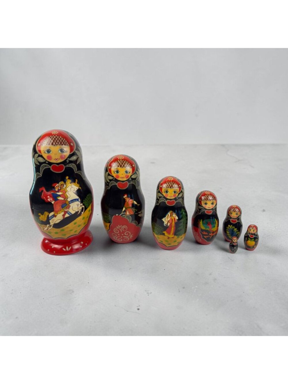 Vintage 1994 Signed Sergiev Posad Russian Nesting Dolls 7pc Fairy Tale Matryoshk